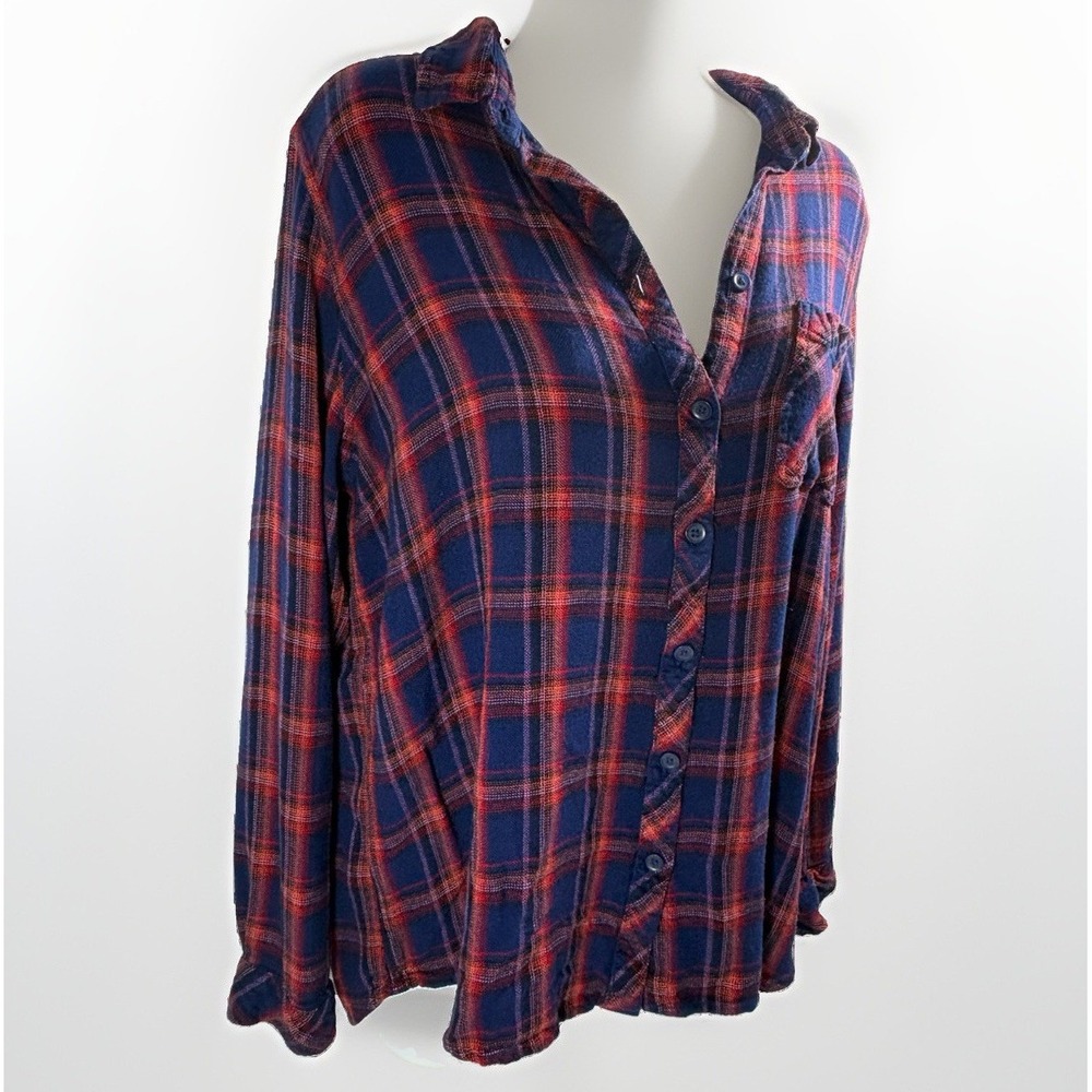BEACHLUNCHLOUNGE Navy Red Plaid Button Up Flannel Shirt Rayon Blouse XL